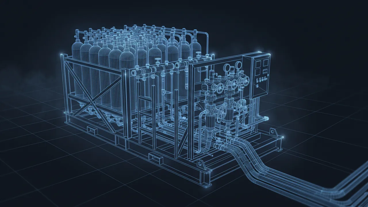 BOP Accumulator Unit – Stored Power to Close the Well - 3D Wireframe Animation